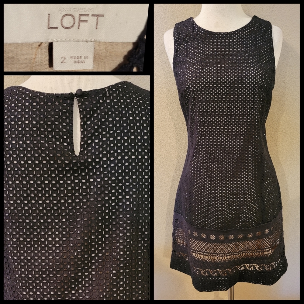 LOFT gorgeous Black lacy Eyelet crochet layover Tan base Dress -Size 2